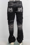 Black acid washed cargo stack jeans