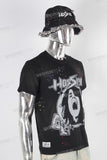 Black digital print patchwork paint splatters T shirt and  hat