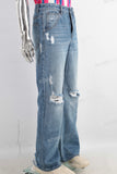 Blue damaged straight jeans