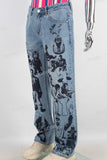 Blue screen print straight jeans