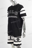 Black digital print patchwork t shirt and screen print shorts