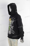 Black oversize digital print raw hem hoodie