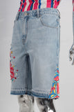 Blue rhinestone patchwork embroidered jeans