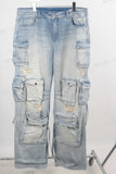 Blue acid wash cargo straight jeans men