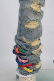 Blue damaged patchwork boot cut jeans