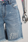 Blue paint splatters embroidered boot cut shorts