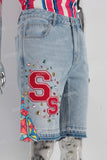 Blue rhinestone patchwork embroidered jeans
