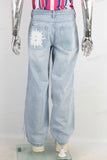 Blue patchwork damaged baggy jeans