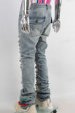 Blue damaged patchwork boot cut jeans