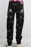 Black embroidered patchwork cargo jeans