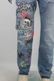 Blue straight screen printed jeans men