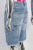 Blue paint splatters embroidered boot cut shorts