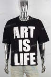 Black screen print boot cut t shirt