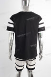Black digital print patchwork t shirt and screen print shorts
