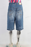 Blue rhinestone patchwork boot cut short