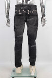 Black acid washed embroidered cargo jeans