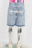 Blue patchwork boot cut shorts