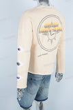 Yellow screen orint jewel on the patch raw hem t shirt