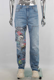 Blue straight screen printed jeans men