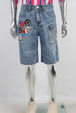 Blue patchwork damaged boot cut shorts