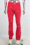 Red embroidered straight boot cut jeans