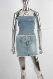 Blue denim shirt and boot cut skirt set