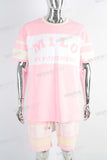 Pink digital print patchwork t shirt and screen print shorts