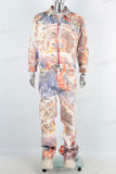 Digital print denim jacket and stack jeans