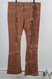 Coffee patchwork damaged bell bottom jeans