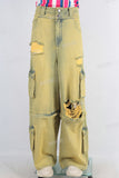 Yellow damaged cargo baggy jeans