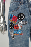 Blue patchwork damaged boot cut shorts