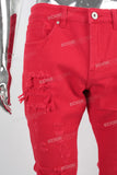 Red embroidered straight boot cut jeans