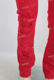 Red embroidered straight boot cut jeans
