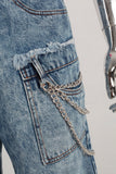 Blue patchwork damaged boot cut shorts