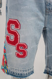 Blue embroidered boot cut shorts