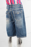 Blue acid washed embroidered shorts