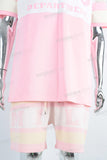 Pink digital print patchwork t shirt and screen print shorts