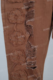 Coffee patchwork damaged bell bottom jeans