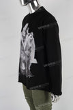 Black raw hem digital print t shirt