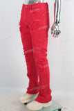 Red embroidered straight boot cut jeans