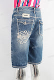 Blue acid washed embroidered shorts