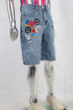 Blue patchwork damaged boot cut shorts