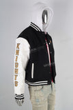 Black embroidered leather hooded jacket