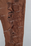 Coffee patchwork damaged bell bottom jeans