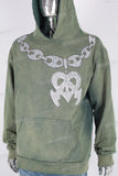 Green digital print acid washed hoodie