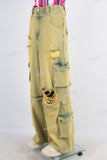 Yellow damaged cargo baggy jeans