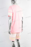 Pink digital print patchwork t shirt and screen print shorts