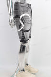 Grey digital print patchwork damaged boot cut jeans