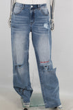 Blue straight damage digital print jeans