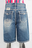 Blue acid washed embroidered shorts